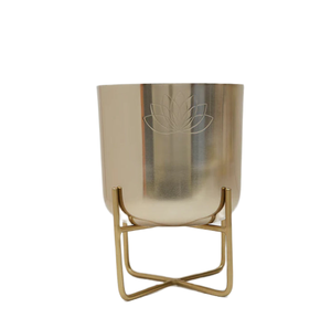 Flower <b>Vase</b> Lotus <b>engraved</b> metal planter with modern gold stand ideal for indoor plant decor home balcony and stylish interior - Product Image 2