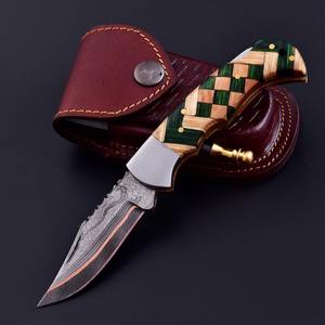 มีดพับดามัสกัสทองแดงแบบทำเองอย่างหรูหรา ด้ามไม้ ODM ปรับแต่งได้ ใบมีดตรงอเนกประสงค์ ของขวัญวันครบรอบสำหรับเพื่อนเจ้าบ่าว - Product Image 5