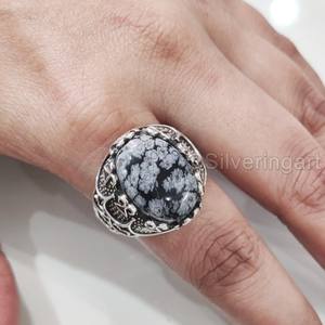 Bague en argent sterling 925 pour homme, pierre précieuse naturelle obsidienne flocon de neige, pierre de naissance, toutes tailles, bijoux de fête arabe, vente en gros - Product Image 5