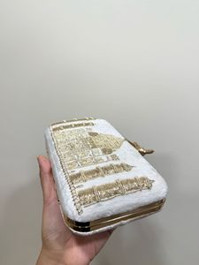 Custom Made White <b>Coloured</b> Metal Monument Designed Hand Embroidered Evening Purses Clutches for Fashion Designers Resale - Product Image 6