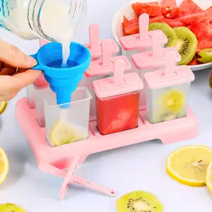 Cetakan es krim musim panas 9 cetakan es loli dapat digunakan kembali DIY dilengkapi dengan sikat pembersih dan cetakan es krim corong lipat silikon