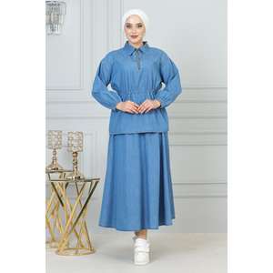 Ensemble deux pièces en jean bleu pour femme, jupe midi décontractée avec détail lacé au-dessus du genou, idéal pour les sorties estivales en club, MOQ 2 pièces - Product Image 6