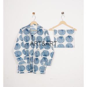 เซ็ตชุดนอนผ้าฝ้ายทำมือสไตล์อินเดียสำหรับผู้หญิงชุดนอนพิมพ์ลายดอกไม้ลายนกชุดใส่นอนสีฟ้าสำหรับฤดูร้อนสไตล์เซ็กซี่ - Product Image 2