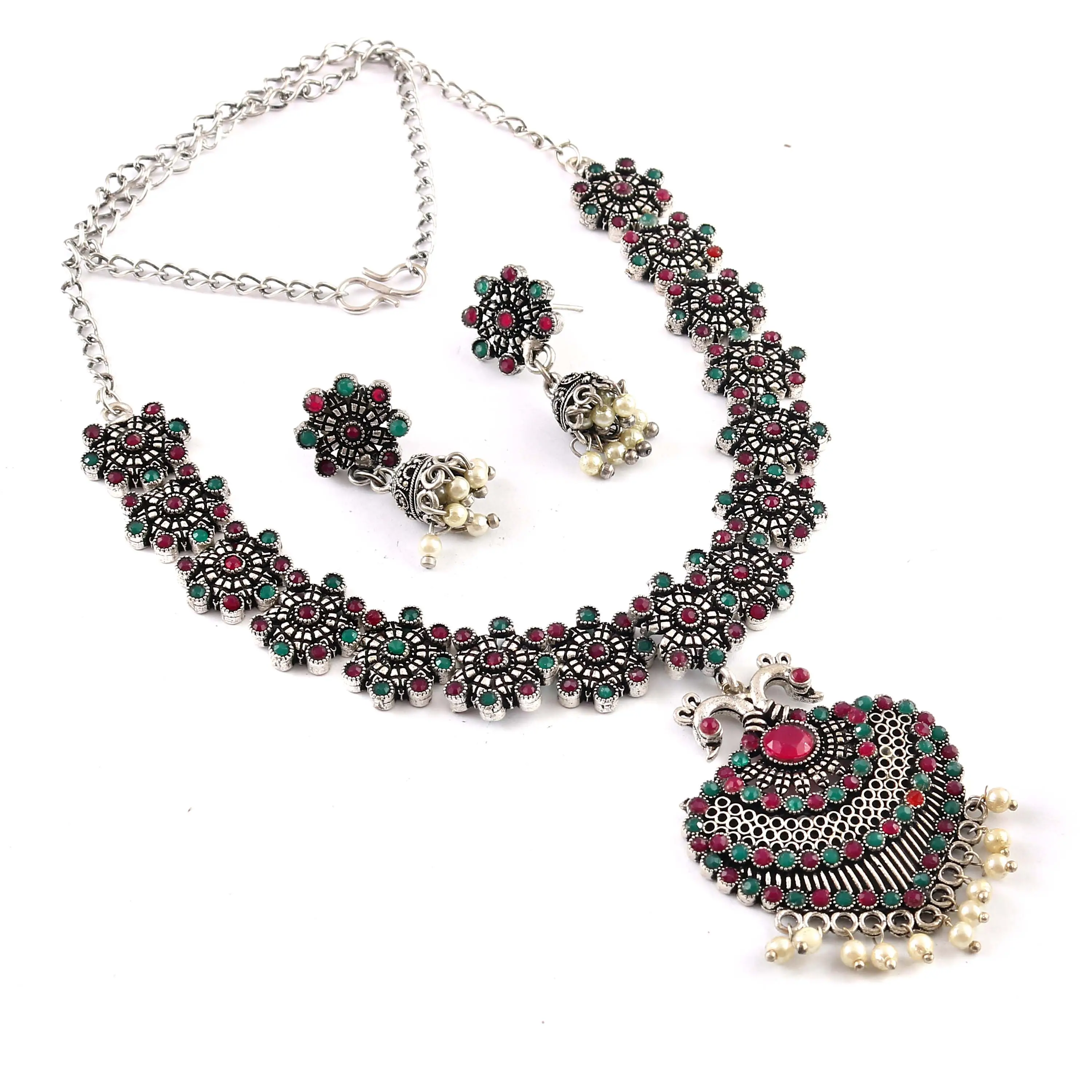 Oxidised Silver Plated Indian Traditional Pearl Stone Brass Jewelry Bollywood Handmade Fashion Necklace With Earring For Women