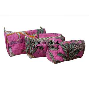 Set 3Quilted Indian Cotton Eco-Friendly Zipper jungle print for Bags Wash Bag Shaving Kit <b>Vanity</b> set Travel <b>Makeup</b> Cosmetic bags - Product Image 3