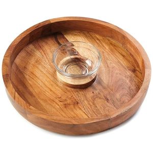 Plateau à copeaux et trempette en acacia avec bol en acier inoxydable Plateau en bois rond élégant pour les collations et les trempettes - Product Image 1