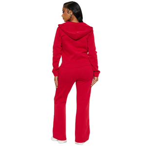 Ensemble survêtement décontracté pour femme, sweat à capuche rouge et pantalon de jogging, imprimé couleur unie, fermeture éclair intégrale, manches longues, polaire, pour l'hiver et l'automne - Product Image 2