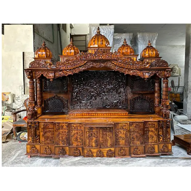Templo de madera de teca de gran tamaño Fabricante para el hogar Templo de madera de teca más grande Templo pulido de teca antiguo con cúpula