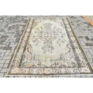 Turkish Vintage Large Rug 5.5x8.7 ft, <b>Brown</b> Green Patchwork <b>Wool</b> Rug - Product Image 1