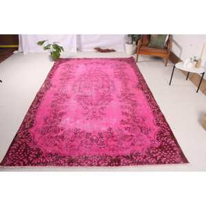 Tapis turc vintage patchwork 5,8x9,5 pieds, écologique, en laine rose orientale avec envers en latex - Product Image 1