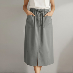 กระโปรงทรงตรงเอวยางยืดทรงหลวมสีกากีลำลองสำหรับผู้หญิง - Product Image 1