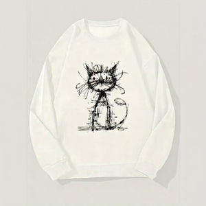 Sweat-shirt unisexe à col roulé, imprimé chat dessiné à la main, coupe ample, en coton tricoté, pull décontracté d'hiver, personnalisable - Product Image 1