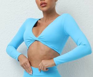Women Long Sleeve Gym Crop Top Twist Deep V Yoga Shirt Quick Dry <b>Padded</b> Fitness Sports T Shirt - Product Image 5