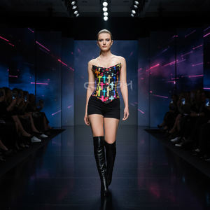 Corset en tissu satiné de qualité supérieure avec imprimé croisé multicolore sublimé, baleines en acier robustes, corset de mode pour l'entraînement de la taille, style overbust - Product Image 5