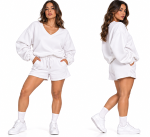 Ensemble survêtement décontracté 2 pièces en coton tricoté rose pour femme, col en V, coupe ample, avec cordon de serrage et poches - Product Image 3