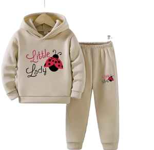 Conjunto de dos piezas de verano para niñas con capucha de manga larga con estampado de gato y pantalones de chándal de color sólido con forro de nailon para aventuras al aire libre - Product Image 3