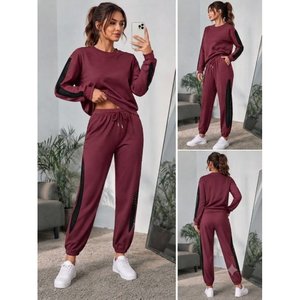 Ensemble deux pièces pour femme, chemisier à manches longues, col rond, détails en tulle, viscose, deux fils, et pantalon, 37521 - Bourgogne - Product Image 1