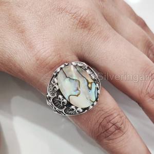 Vente en gros de bagues pour hommes en forme de coquillage d'ormeau naturel et de pierres précieuses, toutes tailles, bijoux pour anniversaires arabes, bagues en argent sterling 925 - Product Image 5