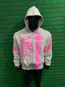 Sweat à capuche zippé imprimé gris et rose pour homme, coupe régulière, style streetwear, idéal pour l'automne – Vente en gros - Product Image 1