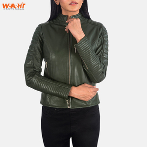 Chaqueta de motorista de cuero genuino para mujer Slim Fit Moto Style Ropa de abrigo elegante con cierre de cremallera Ropa de calle verde Patrón sólido - Product Image 1