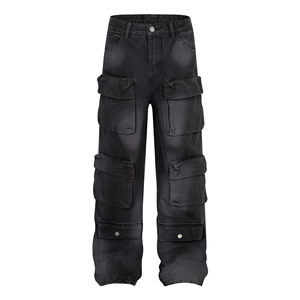 Premium Wholesale Custom Logo <b>Men's</b> Winter Washed Solid Casual Denim Baggy Straight <b>Jeans</b> Loose Fit Wide Leg 2025 OEM - Product Image 3