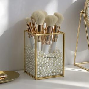 Organisateur porte-pinceau de maquillage en or au design élégant avec perles gratuites en laiton et verre porte-pinceau de maquillage - Product Image 3