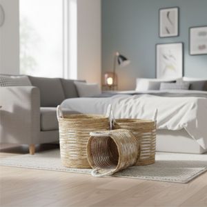 Juego de 3 Cestas Blancas con Motivo de Árbol de Plátano, Hechas a Mano con Fibra de Corteza - Product Image 3