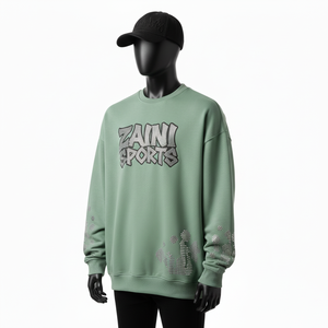 Sweat-shirt oversize pour homme en molleton de coton premium 320 GSM, vert sauge doux, avec strass, logo personnalisé par transfert thermique, sweat-shirts basiques - Product Image 4