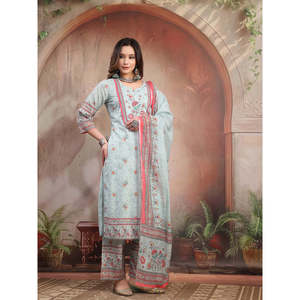 ชุดคุรตะผ้าจอร์เจตต์สีฟ้าสำหรับผู้หญิง พร้อมกางเกงปาลาซโซ่และผ้าคลุมไหล่ สไตล์ปากีสถาน ชุดสัลวาร์ คามีซสำเร็จรูป - Product Image 3