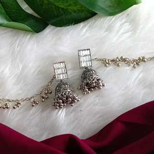 Efulgenz Indian Crystal Oxidized <b>Jhumka</b> Jhumki Dangle Wedding Earrings Set with Ear Chain Manfacturer Jewellery for Women - Product Image 2