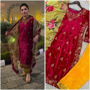 Robe de soirée en velours de viscose pur de couleur vive avec broderie longue robe pakistanaise Salwar Kameez Dupatta - Product Image 5