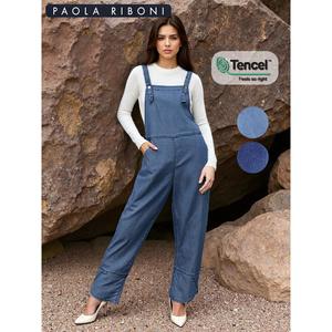 Salopette en jean taille haute pour femme Paola Riboni, coupe large, décontractée, délavée, idéale pour l'été - Product Image 1