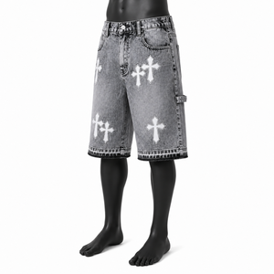Pantalones Cortos Vaqueros Personalizados con Estampado Cruzado para Hombre, Estilo Vintage Lavado, Holgados, Streetwear, OEM ODM, Marca Privada, Venta al por Mayor - Product Image 3