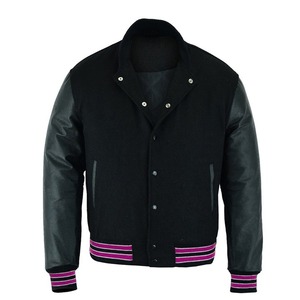 Classic Varsity <b>Baseball</b> <b>Jacket</b> <b>Men</b> Winter Wool Body Black Pink Trim Stand Collar High Street Hot Design Windproof Breathable - Product Image 3