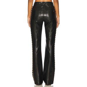 Top High Waist Black PU Leather Wide Leg Pants With Gold Rivet Trim Moto Style Full Length Loose Fit Autumn Wear - Product Image 4