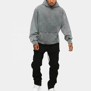 Vintage vieilli recadrée pierre sweats à capuche hommes 100% coton en détresse Patch broderie acide lavage Technique couture personnalisée - Product Image 4