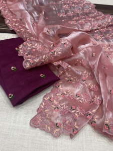 Nuevo traje de diseñador 2024, estilo moderno a pedido, el mejor Jimichu Shifon, Sari, bordado, trabajo, exportador mundial, a la venta - Product Image 5