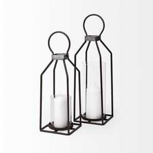 Bộ hai đèn lồng kim loại thủ công kích cỡ khác nhau nến đèn lồng kim loại màu đen nhà và trang trí sân vườn đèn lồng bán buôn - Product Image 1