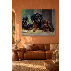 Impression sur toile : Fida, la mère teckel avec ses chiots dans le grange - Product Image 1