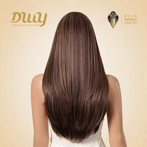 Tara-DWY 26-Inch Women's Machine Made Synthetic <b>Wig</b> Long Silky Straight Chocolate Brown with Highlight Bangs Glueless - Product Image 5