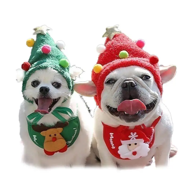 Ensemble de Noël chat chien avec chapeaux de Noël pour animaux de compagnie automne hiver vêtements bavoirs bavoirs petit chien tenue chaude et tenues d'anniversaire