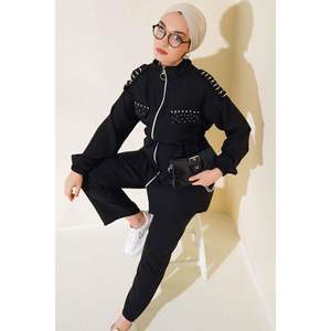 Ensemble de 2 pièces en lin zippé orné de pierres, noir - Product Image 1