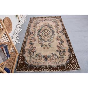 Tapis traditionnel en laine beige marron fait à la main 3.7X6.6 pieds Vintage turc Patchwork Rectangle Design Latex adolescent chevet couloir - Product Image 4