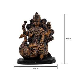 Estatua de Saraswati Hecha a Mano sobre Pavo Real, Acabado en Bronce Antiguo, Ídolo Hindú - Product Image 2