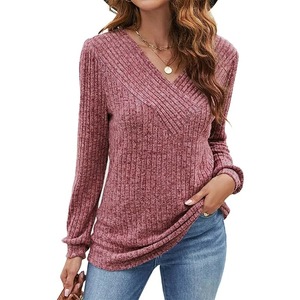 Top de Punto con Cuello en V para Mujer, Elegante, Ajustado, Camiseta de Otoño Invierno, Blusa - Product Image 4