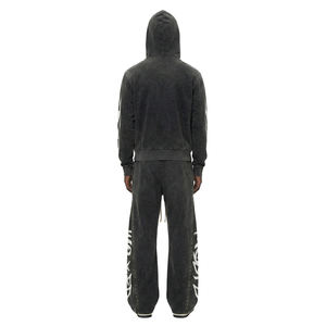 Custom Streetwear Washed Distressed Patch Rivet Zipper Hoodie & <b>Sweatpants</b> <b>Set</b> | Heavyweight Cotton Tracksuit - Product Image 5