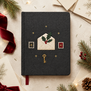 Journal de Noël personnalisé LABON, couverture rigide noire, <span class=keywords><strong>enveloppe</strong></span> brodée, clé de houx, timbres-poste, étoiles dorées, pages lignées - Product Image 3
