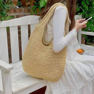 Nouveau sac de plage pour ordinateur portable grande capacité printemps-été 2025, sac fourre-tout en paille nouveau style avec fermeture éclair et doublure en polyester - Product Image 1