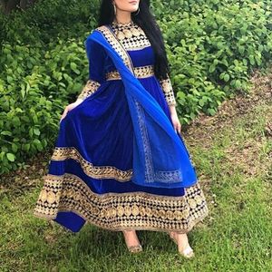 Salwar Kameez de Seda y Lino Azul para Mujer, Estilo Afgano, en Tela de Red, Precio al por Mayor, Alta Calidad - Product Image 1