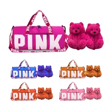 New Arrivals Plush Slippers Pink Bag Duffle Travel Set Spend The Night Weekender Gym Overnight Duffle Bag And Teddy Bear Slipper